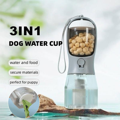 3-in-1 Portable Dog Water Bottle with Food Container & Waste Bag Dispenser – Travel Pet Cup